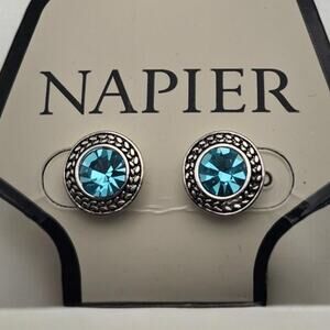 Napier Blue Crystal Stud Earrings Silver Tone Round Halo Classic Minimal Elegant